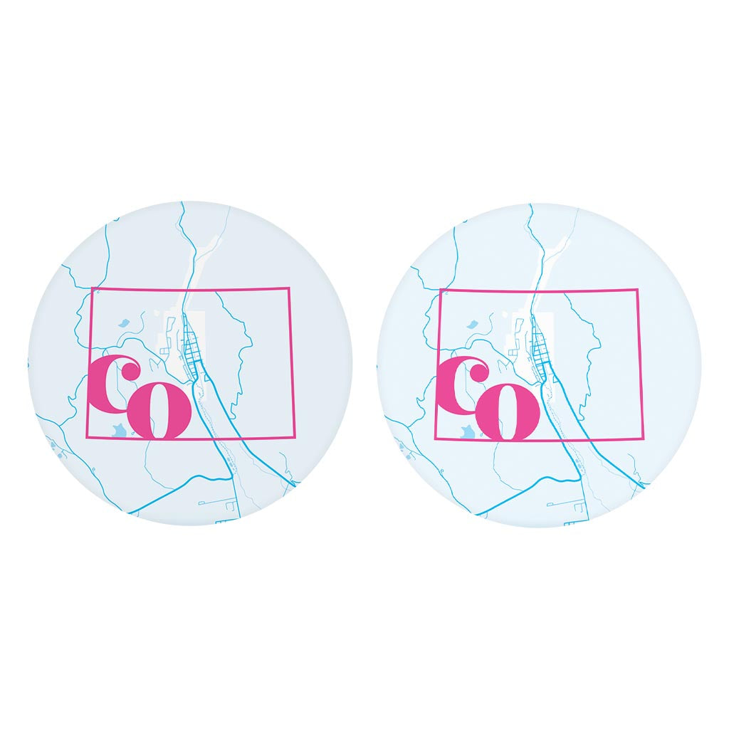 Bright Modern State Map Blue Colorado Creede| Absorbent Car Coasters | Set of 2 | Min 4