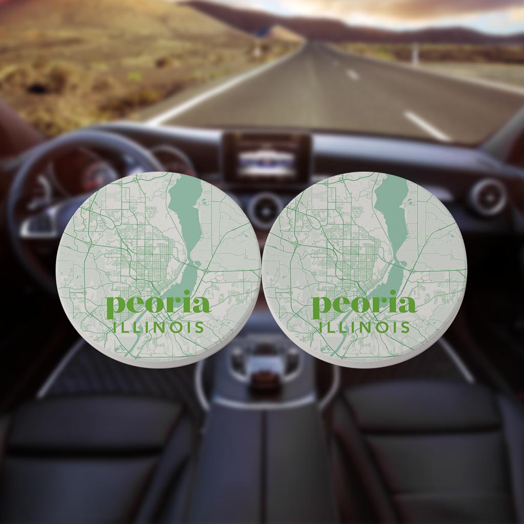 Bright Modern Green Map Illinois Peoria| Absorbent Car Coasters | Set of 2 | Min 4
