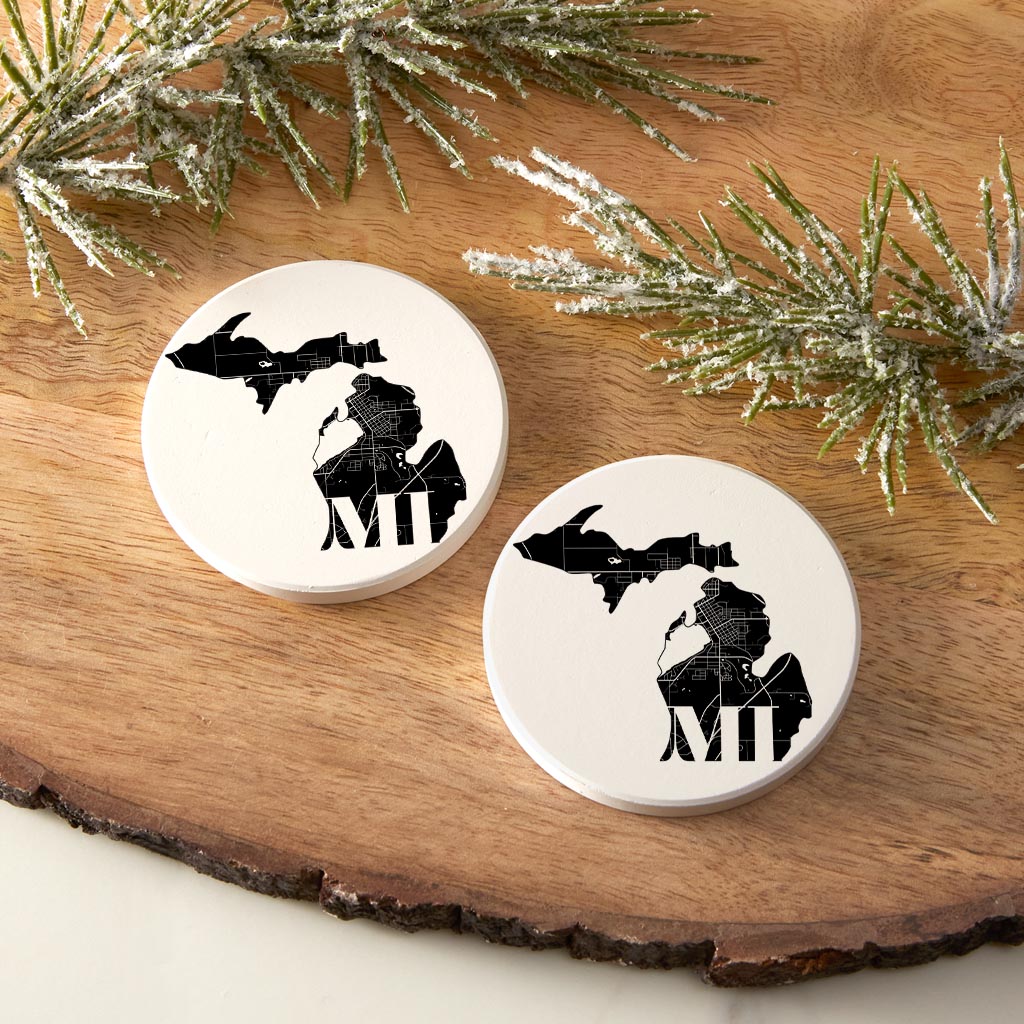 Black And White Abbreviated State Map White Michigan| Absorbent Car Coasters | Set of 2 | Min 4