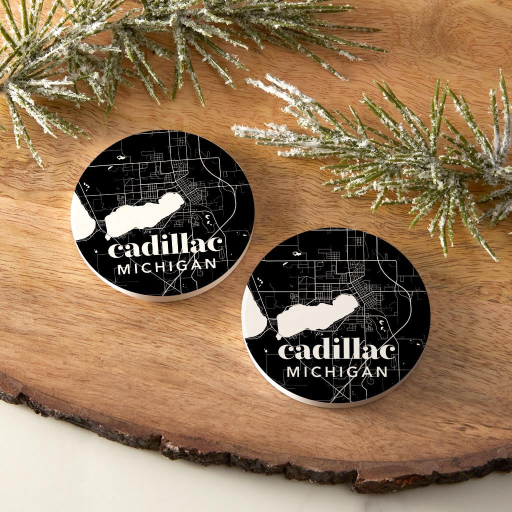Black And White Black Map Michigan Cadillac| Absorbent Car Coasters | Set of 2 | Min 4