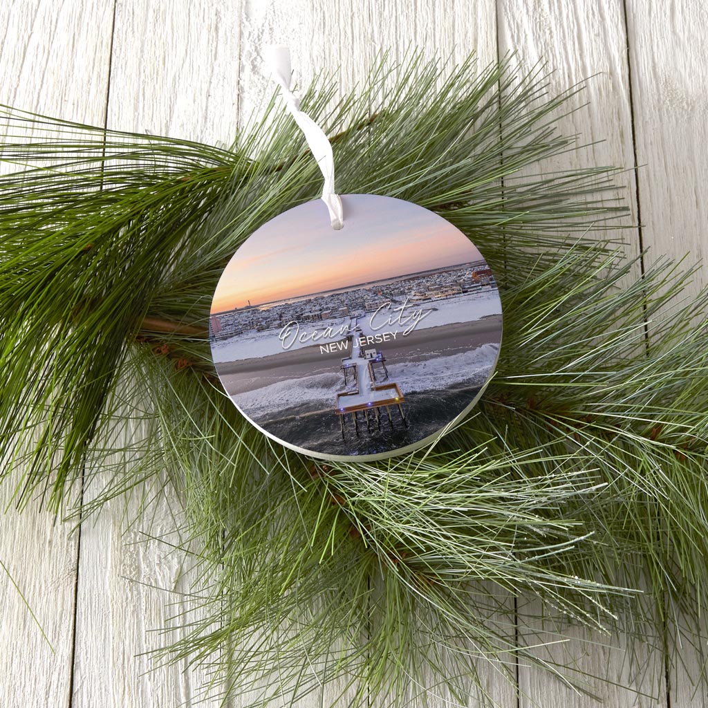 OCNJ Fishing Pier Snow Christmas Ornament| Wood Ornament | Eaches | Min 6