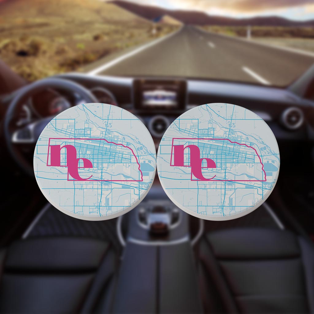 Bright Modern Abbreviated State Map Blue Nebraska North Platte| Absorbent Car Coasters | Set of 2 | Min 4