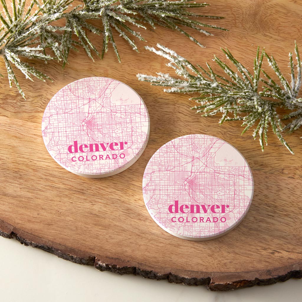 Bright Modern Pink Map Colorado Denver| Absorbent Car Coasters | Set of 2 | Min 4