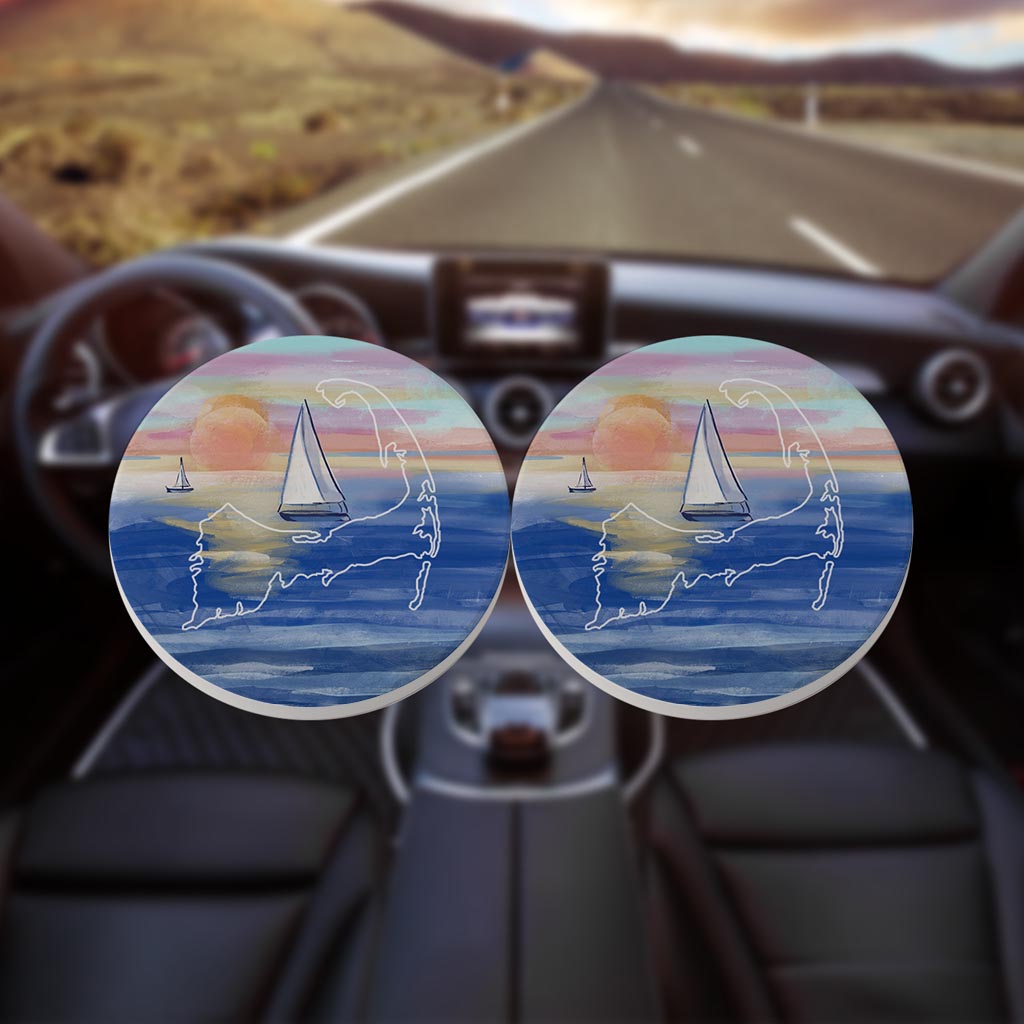 Watercolor Sunset With Sailboats| Absorbent Car Coasters | Set of 2 | Min 4