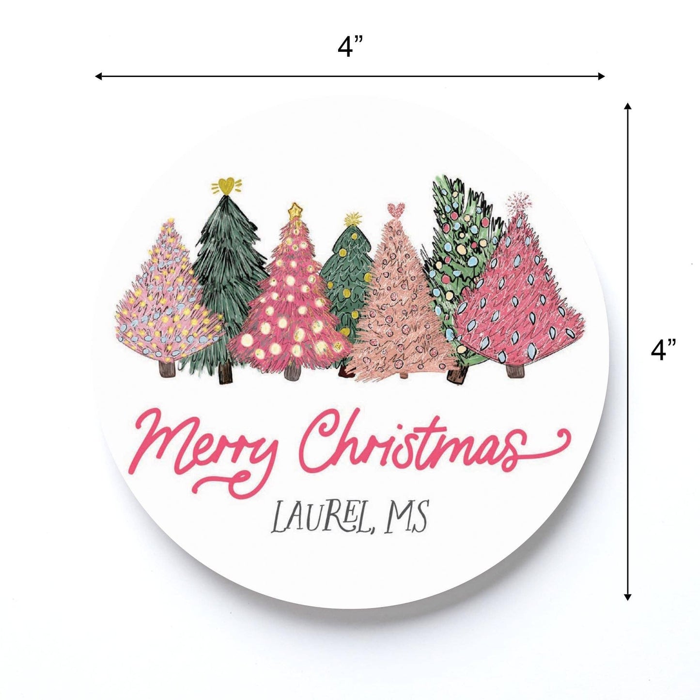 Round Coaster, Pink Christmas Trees, Custom Name Drop, Gift