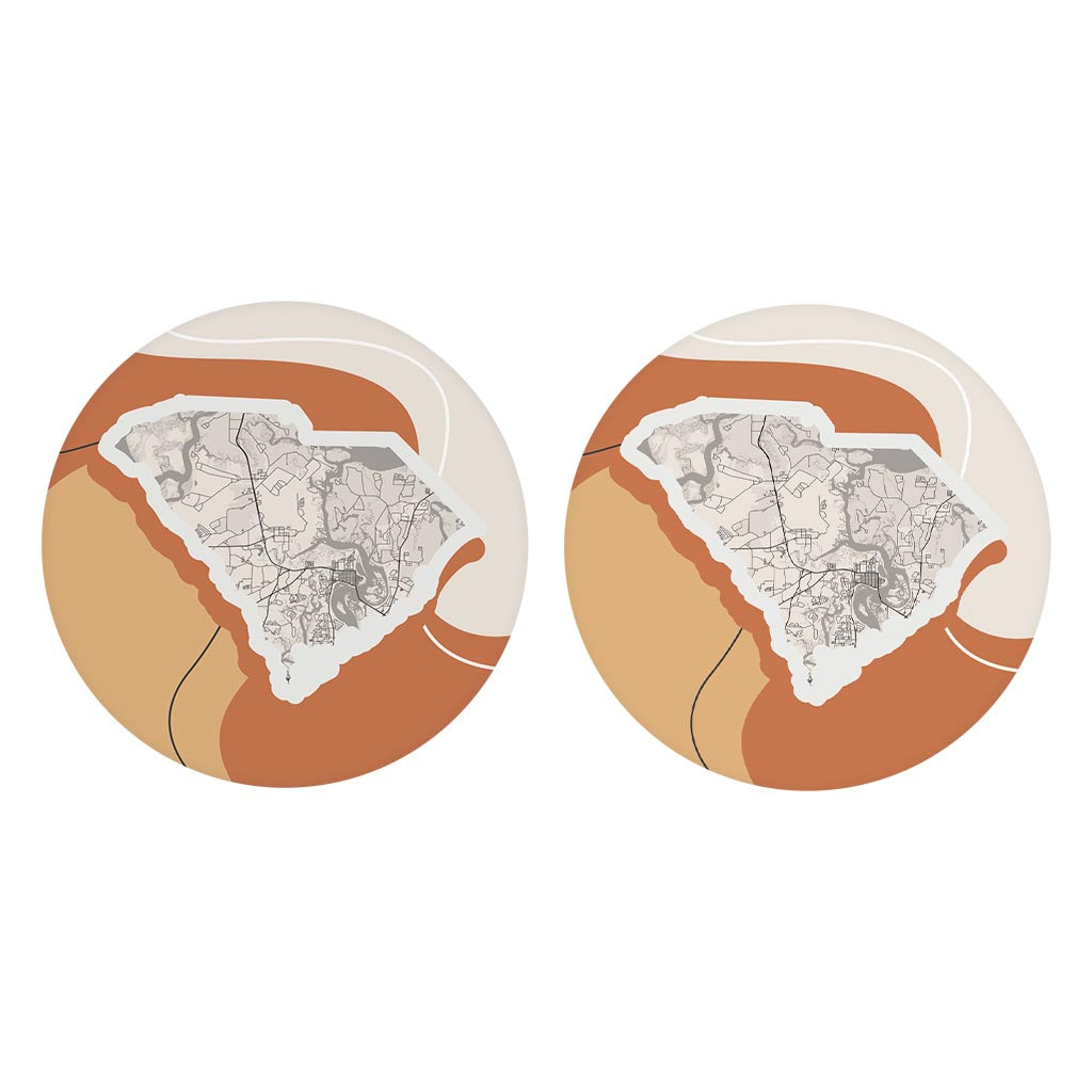 Vintage Groove Fluid Orange Map South Carolina Beaufort| Absorbent Car Coasters | Set of 2 | Min 4