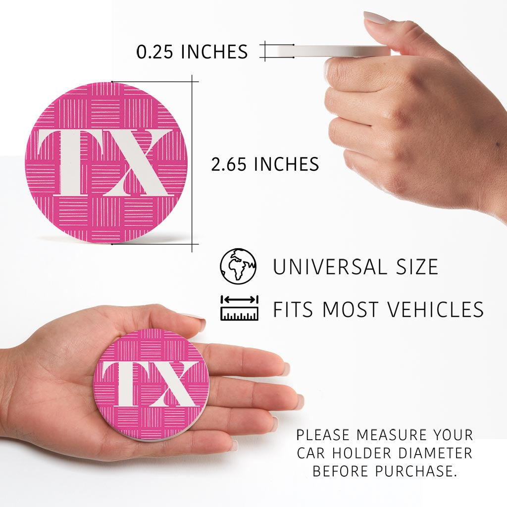 Bright Modern Abbreviated On Pink Texas | Absorbent Car Coasters | Set of 2 | Min 4
