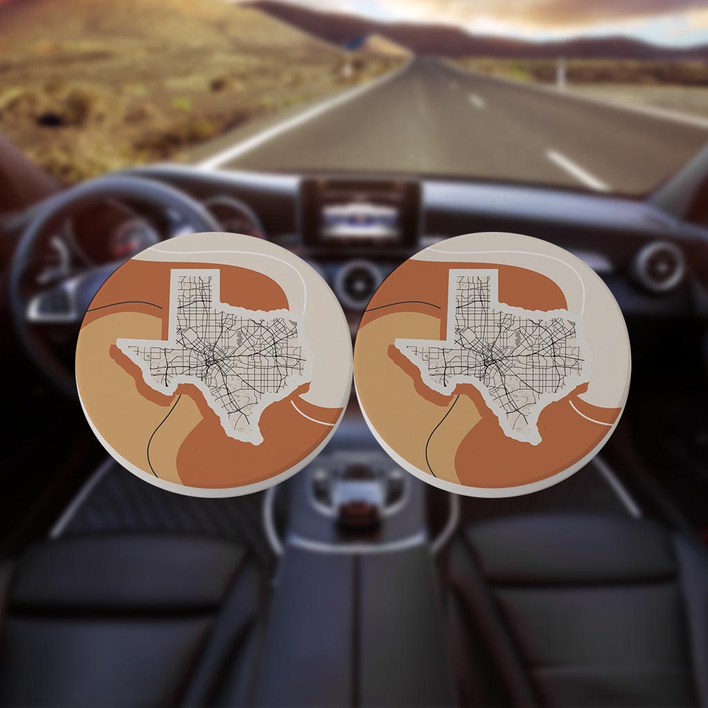 Vintage Groove Fluid Orange Map Texas Dallas| Absorbent Car Coasters | Set of 2 | Min 4