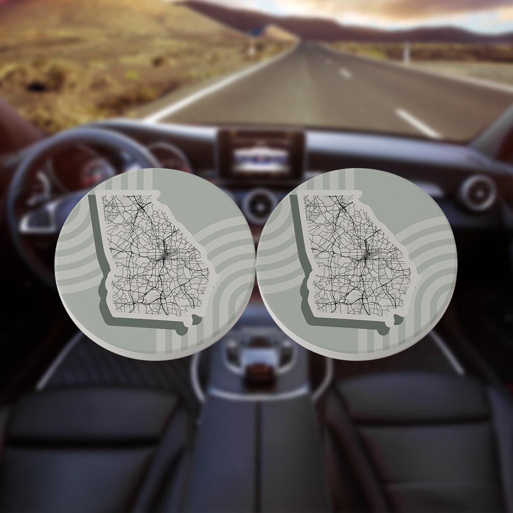 Vintage Groove Light Green Lines Map Georgia Atlanta| Absorbent Car Coasters | Set of 2 | Min 4