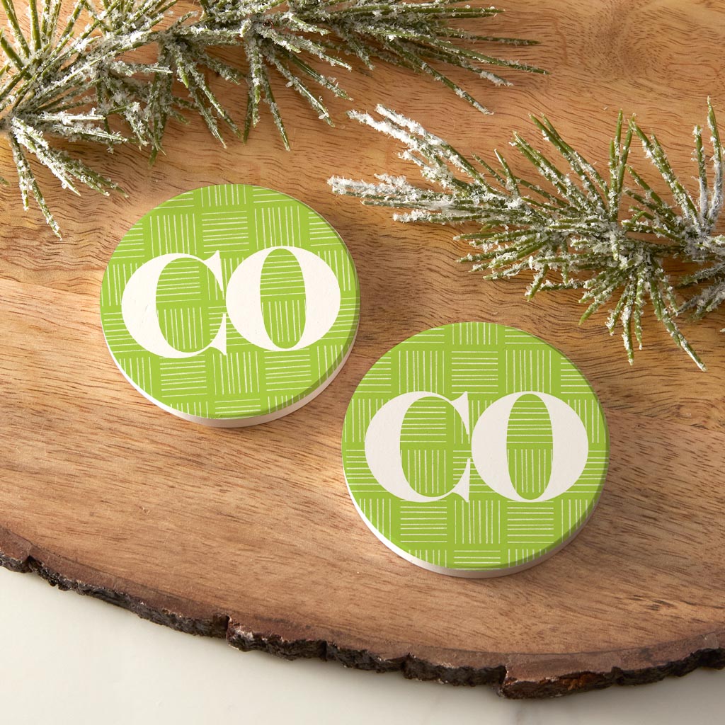Bright Modern Abbreviated On Green Colorado| Absorbent Car Coasters | Set of 2 | Min 4