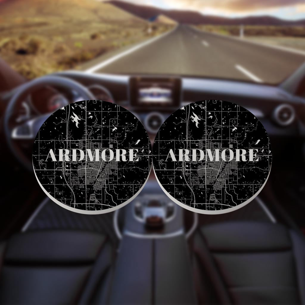 Minimalistic B&W Ardmore Ok Map | Absorbent Car Coasters | Set of 2 | Min 4
