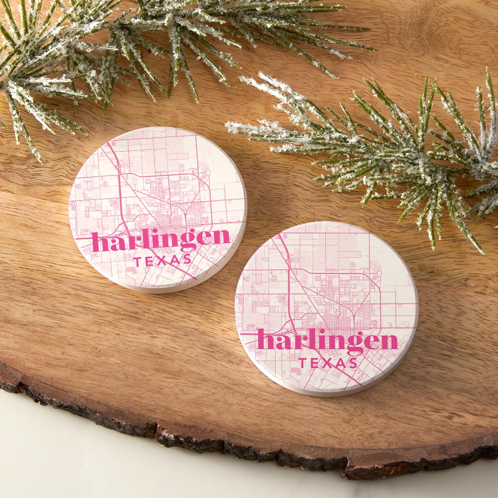 Bright Modern Pink Map Texas Harlingen | Absorbent Car Coasters | Set of 2 | Min 4