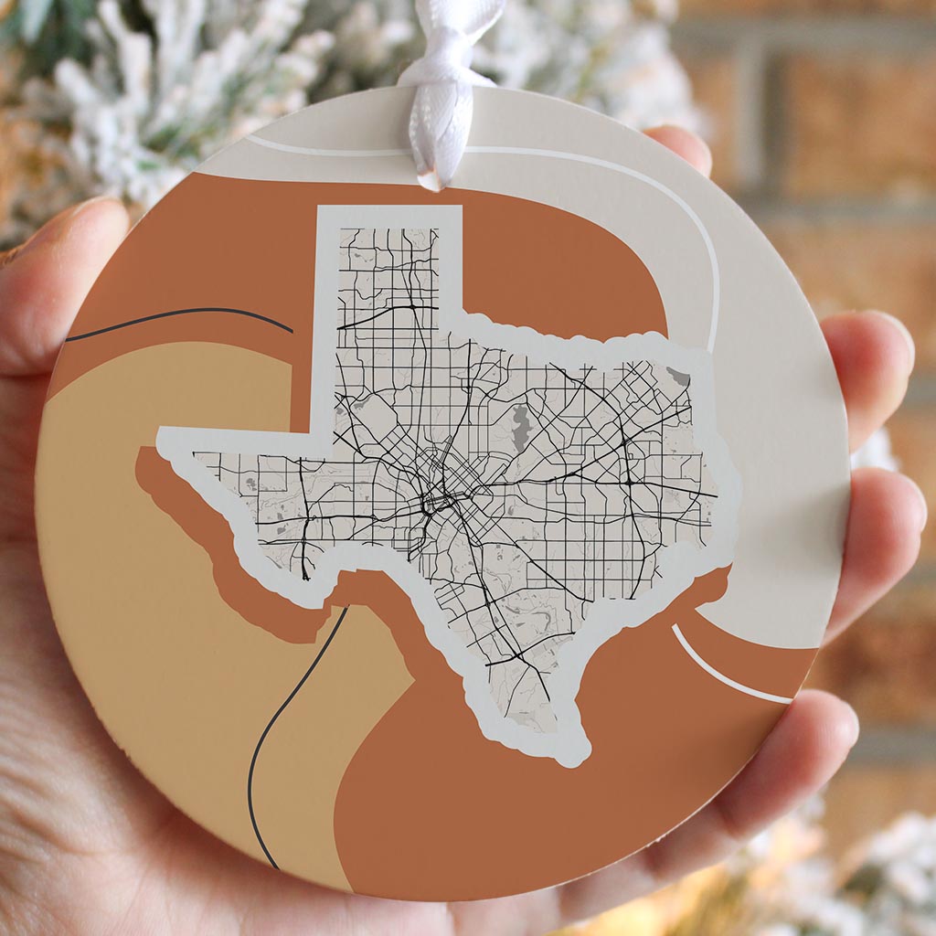 Vintage Groove Fluid Orange Map Texas Dallas | Wood Ornament | Eaches | Min 6