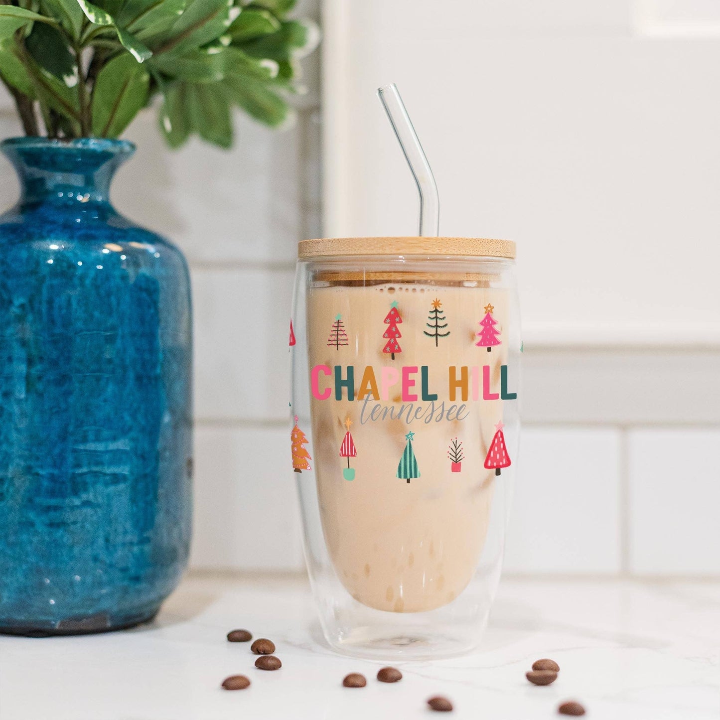 16oz Custom Insulated Glass Tumbler Bright Christmas Trees