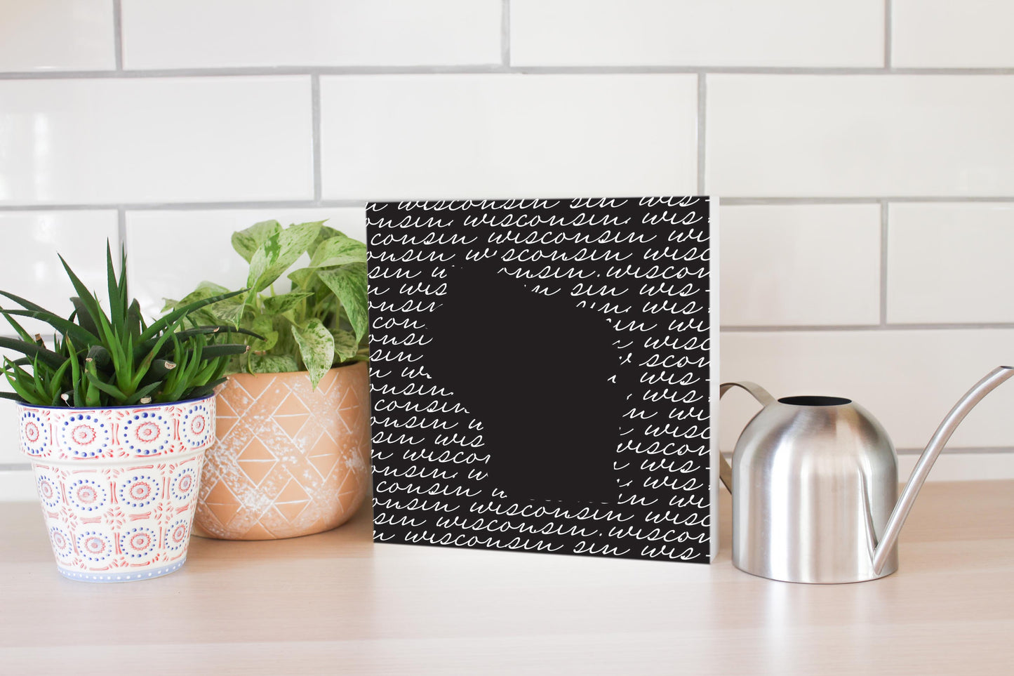 Black And White State Script Wisconsin | Wood Block | Eaches | Min 2