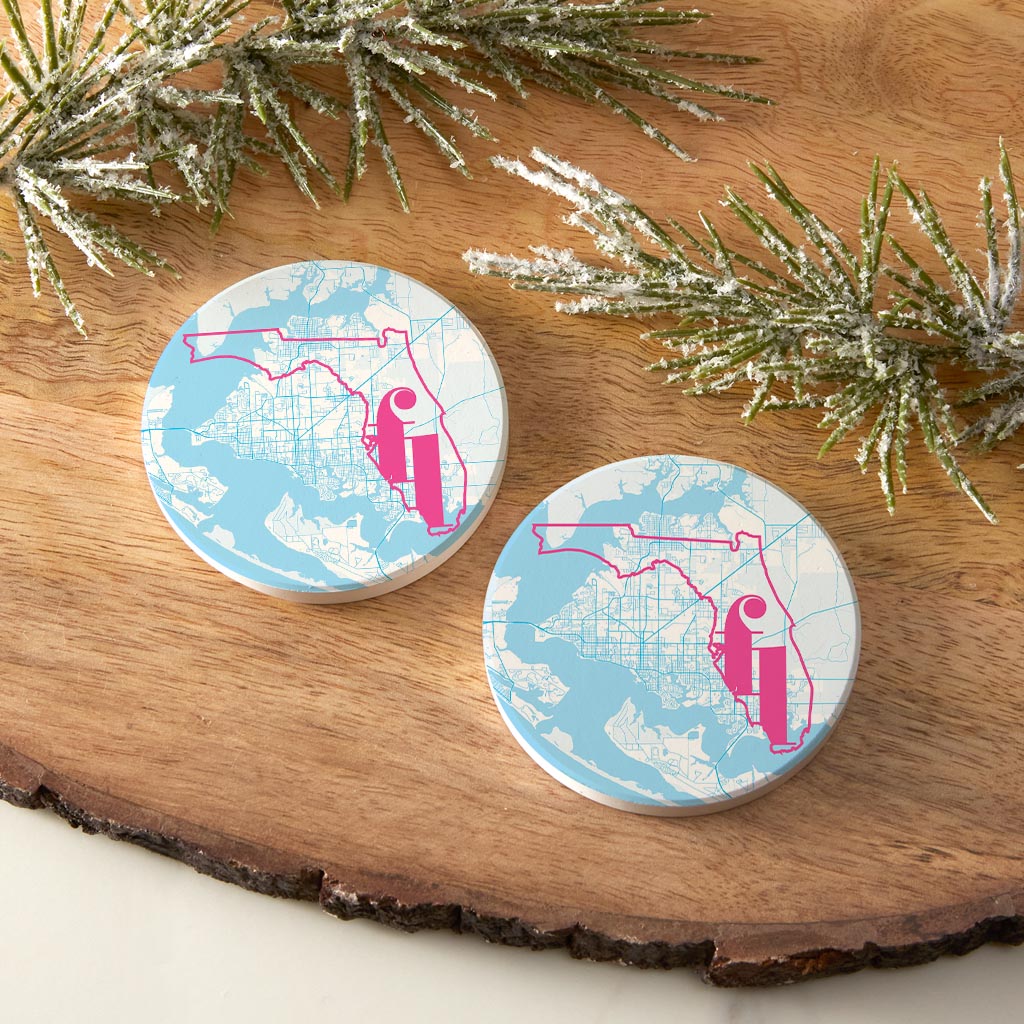 Bright Modern Abbreviated State Map Blue Florida Panama | Absorbent Car Coasters | Set of 2 | Min 4