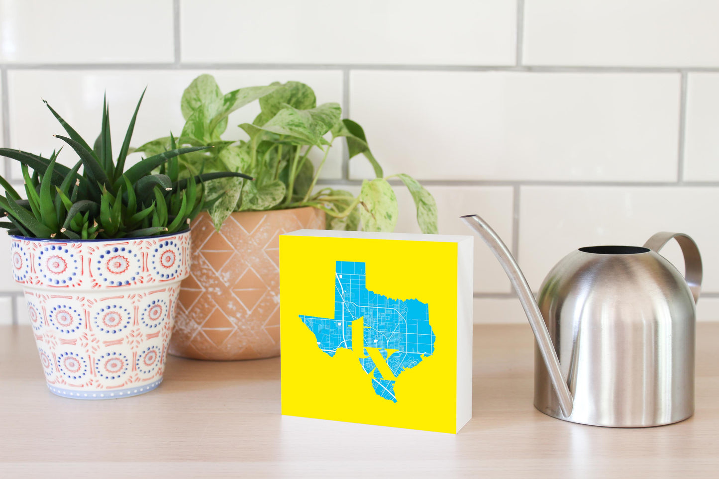 Bright Modern Abbreviated State Yellow Texas Harlingen | Wood Block | Eaches | Min 4