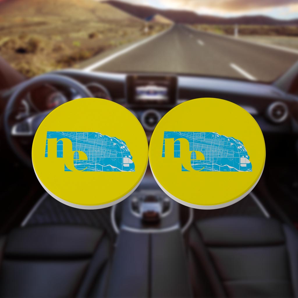 Bright Modern Abbreviated State Yellow Nebraska| Absorbent Car Coasters | Set of 2 | Min 4