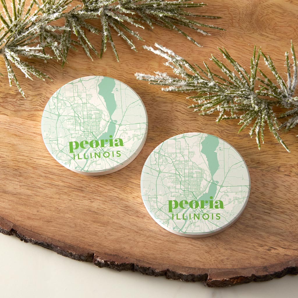 Bright Modern Green Map Illinois Peoria| Absorbent Car Coasters | Set of 2 | Min 4