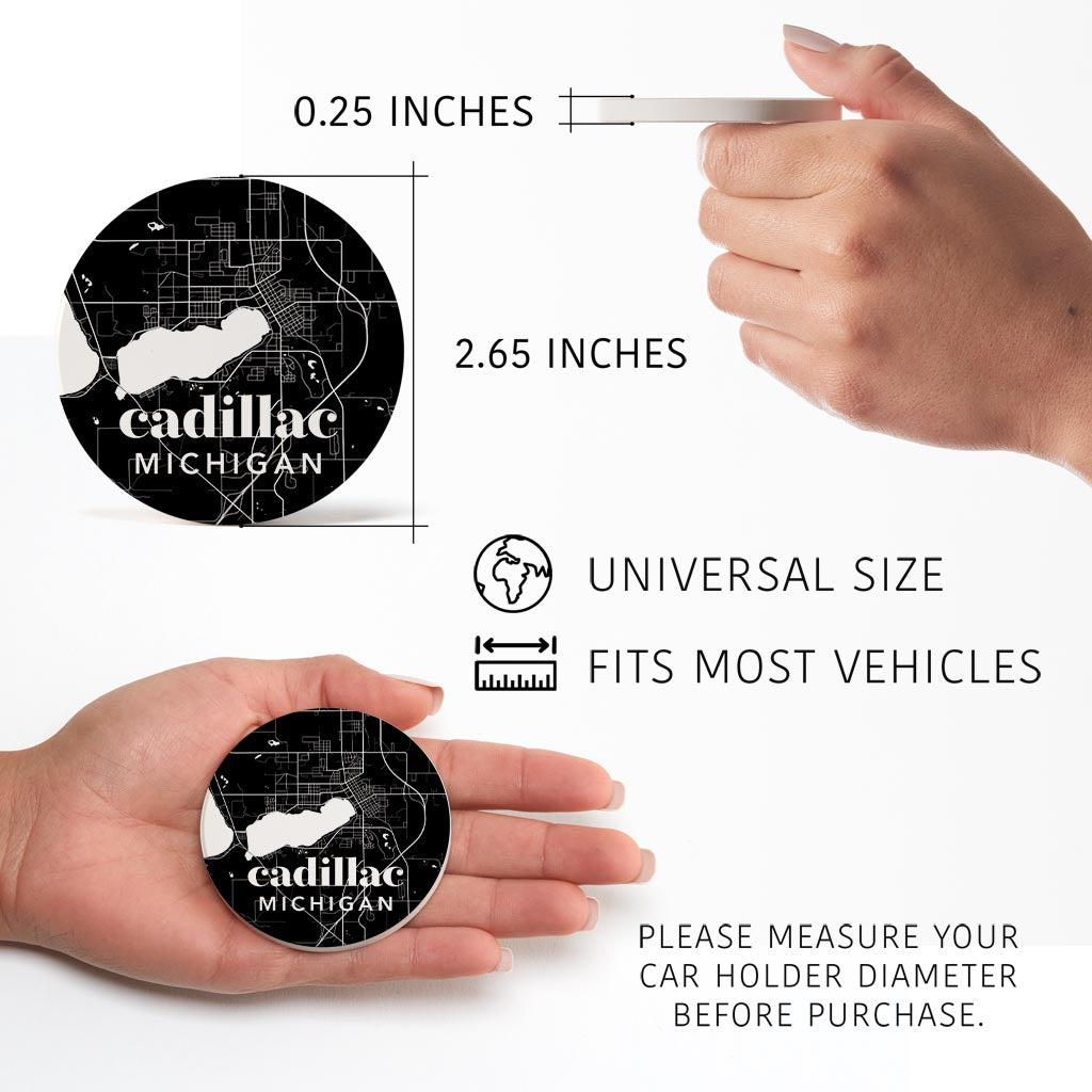 Black And White Black Map Michigan Cadillac| Absorbent Car Coasters | Set of 2 | Min 4