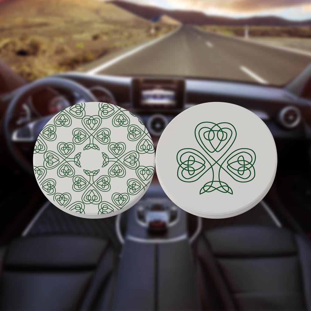 White Green Shamrock Pattern Shape | Absorbent Car Coasters | Set of 2 | Min 4