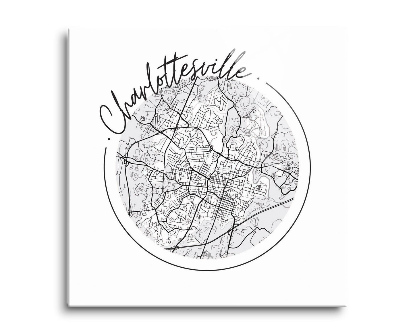 Minimalistic B&W Virginia Charlottesville Circle Map | Hi-Def Glass Art | Eaches | Min 2