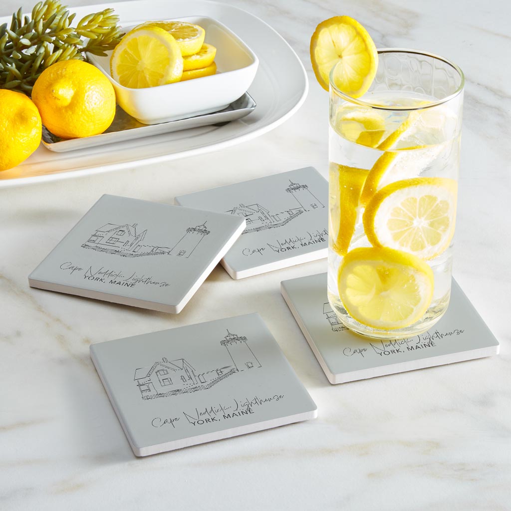 Cape Neddick Lighthouse Muted Coastal| Absorbent Coasters | Set of 4 | Min 2