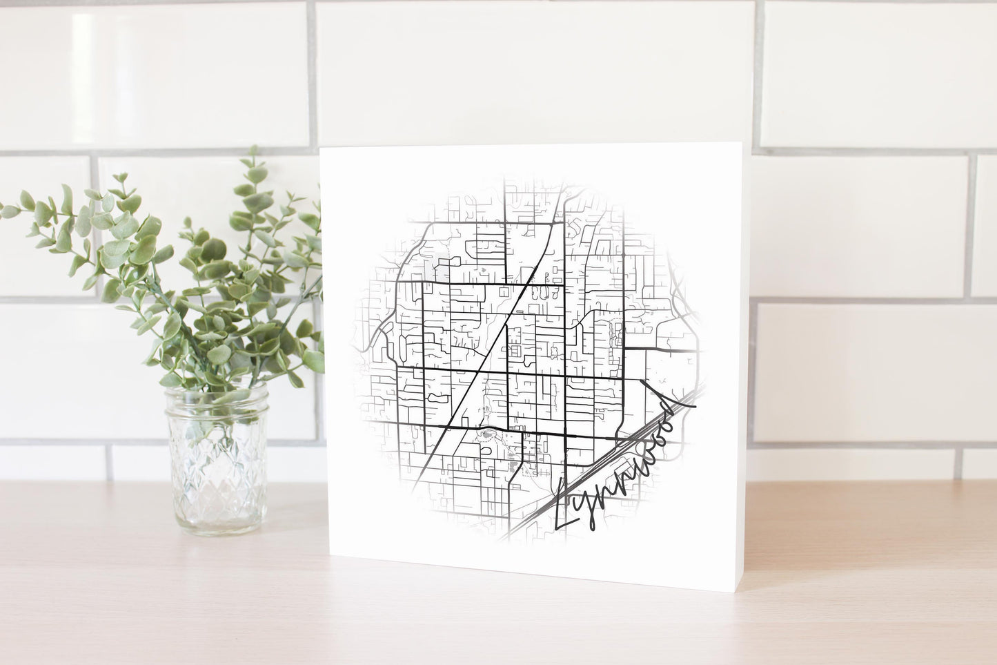 Minimalistic B&W Washington Lynnwood Circle Map | Wood Block | Eaches | Min 2