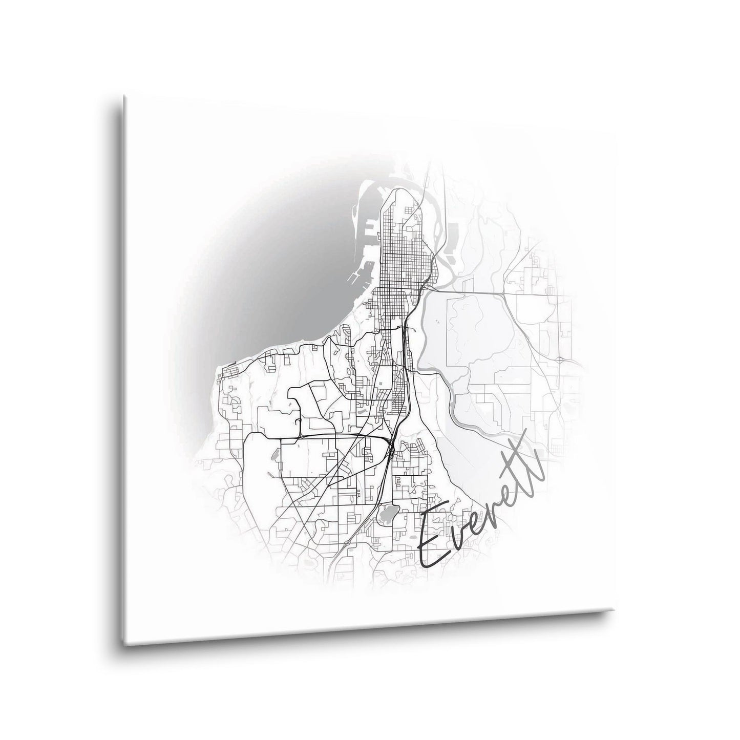 Minimalistic B&W Washington Everett Circle Map | Hi-Def Glass Art | Eaches | Min 1