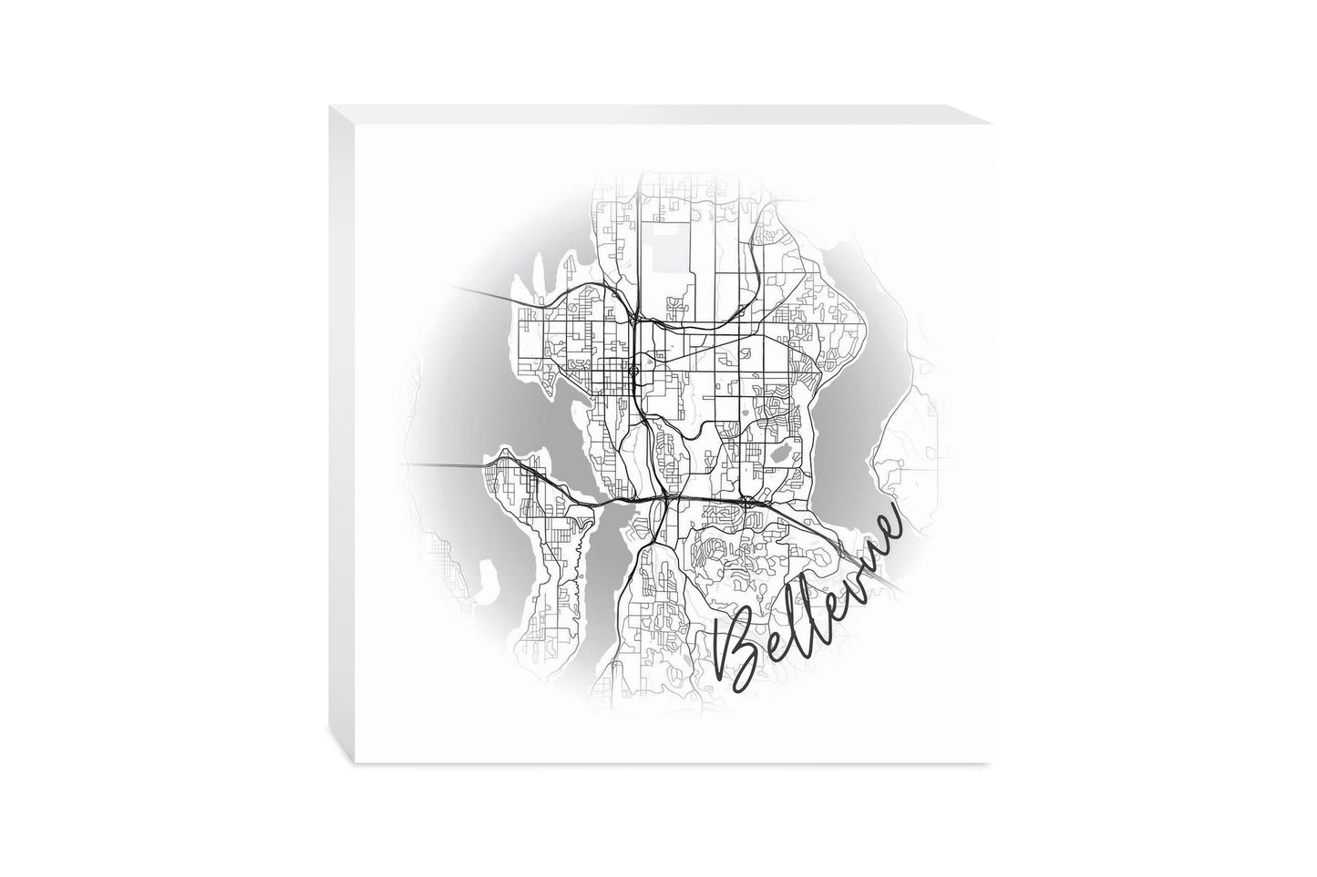 Minimalistic B&W Washington Bellevue Circle Map | Wood Block | Eaches | Min 2