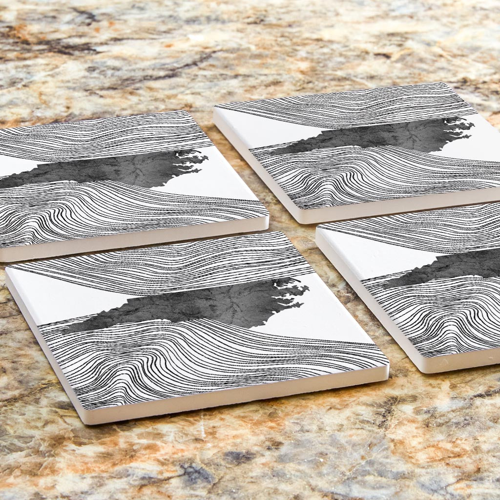 Minimalistic B&W North Carolina State With Fluid Lines| Absorbent Coasters | Set of 4 | Min 2