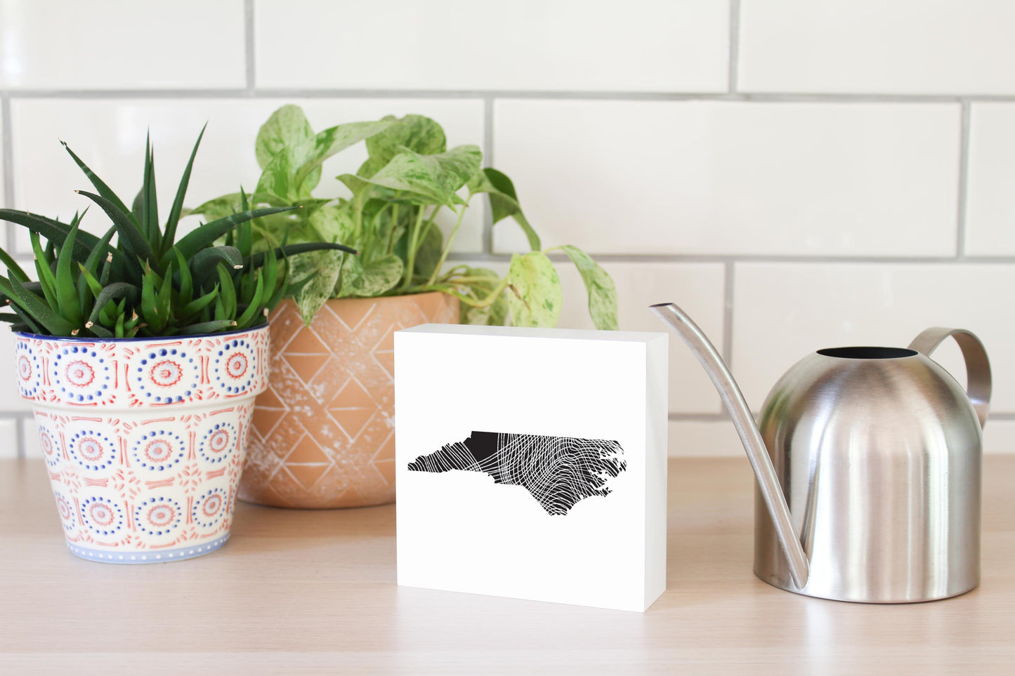 Minimalistic B&W North Carolina State Black With Fluid Lines | Wood Block | Eaches | Min 4