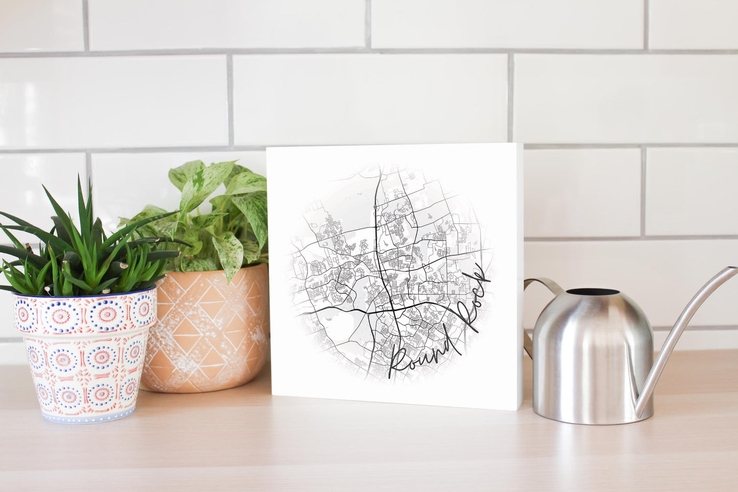 Minimalistic B&W Texas Round Rock Circle Map | Wood Block | Eaches | Min 2