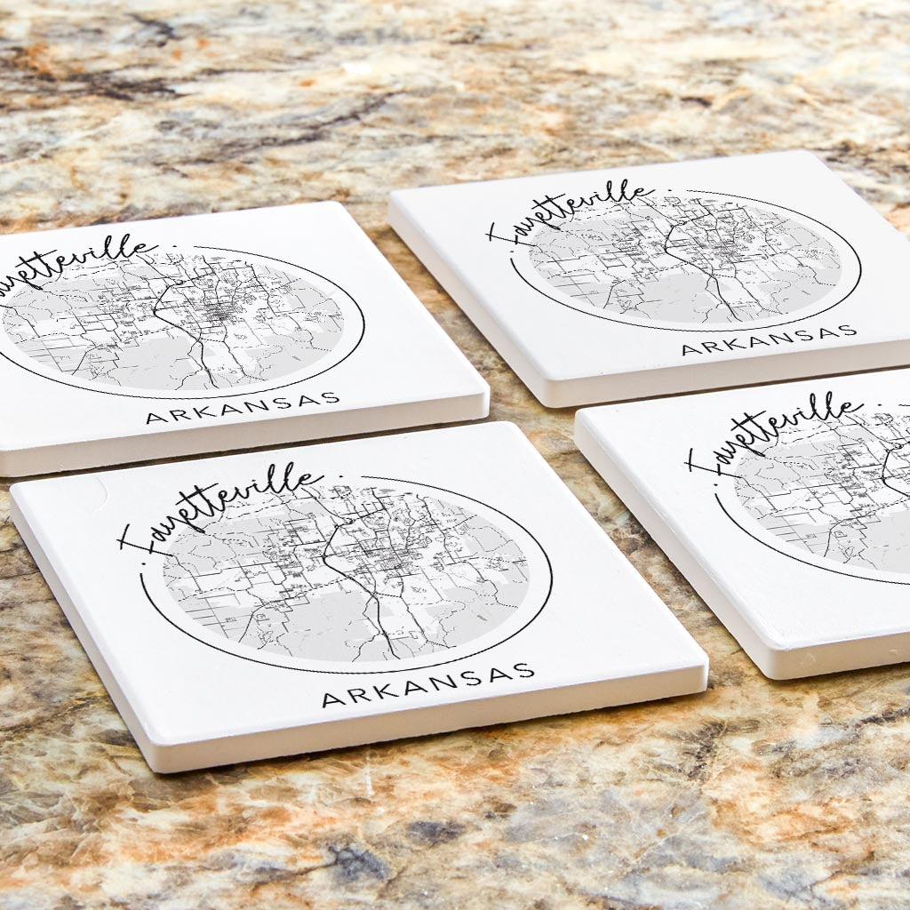 Minimalist B&W Arkansas Fayetteville Circle Map | Absorbent Coasters | Set of 4 | Min 2