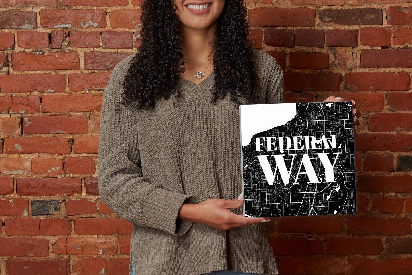 Minimalistic B&W Washington Federal Way Map | Wood Block | Eaches | Min 2