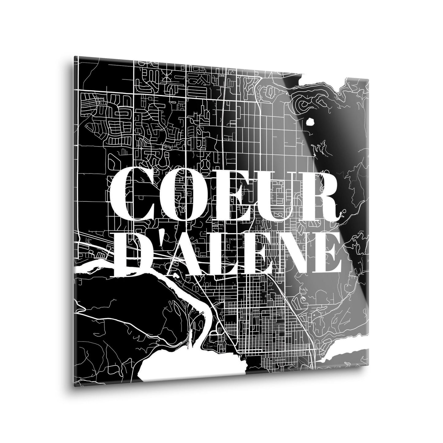 Minimalist B&W Idaho Coeur Dalene Map | Hi-Def Glass Art | Eaches | Min 1