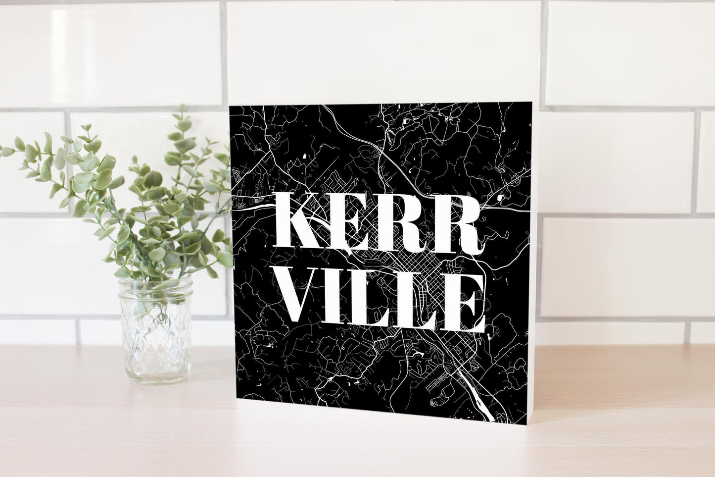 Minimalistic B&W Texas Kerrville Map | Wood Block | Eaches | Min 2