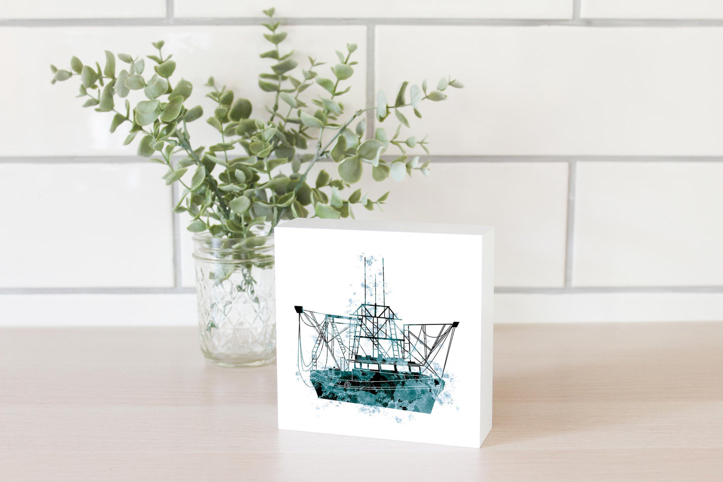 Blue White Water Color Shrimp Boat | Wood Block | Eaches | Min 4