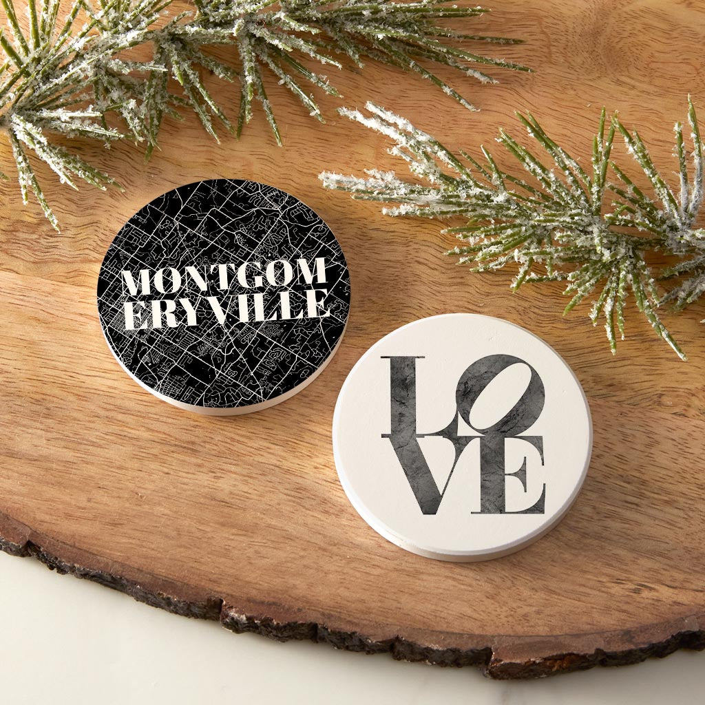 Minimalistic B&W Pennsylvania Montgomeryville Map Love| Absorbent Car Coasters | Set of 2 | Min 4