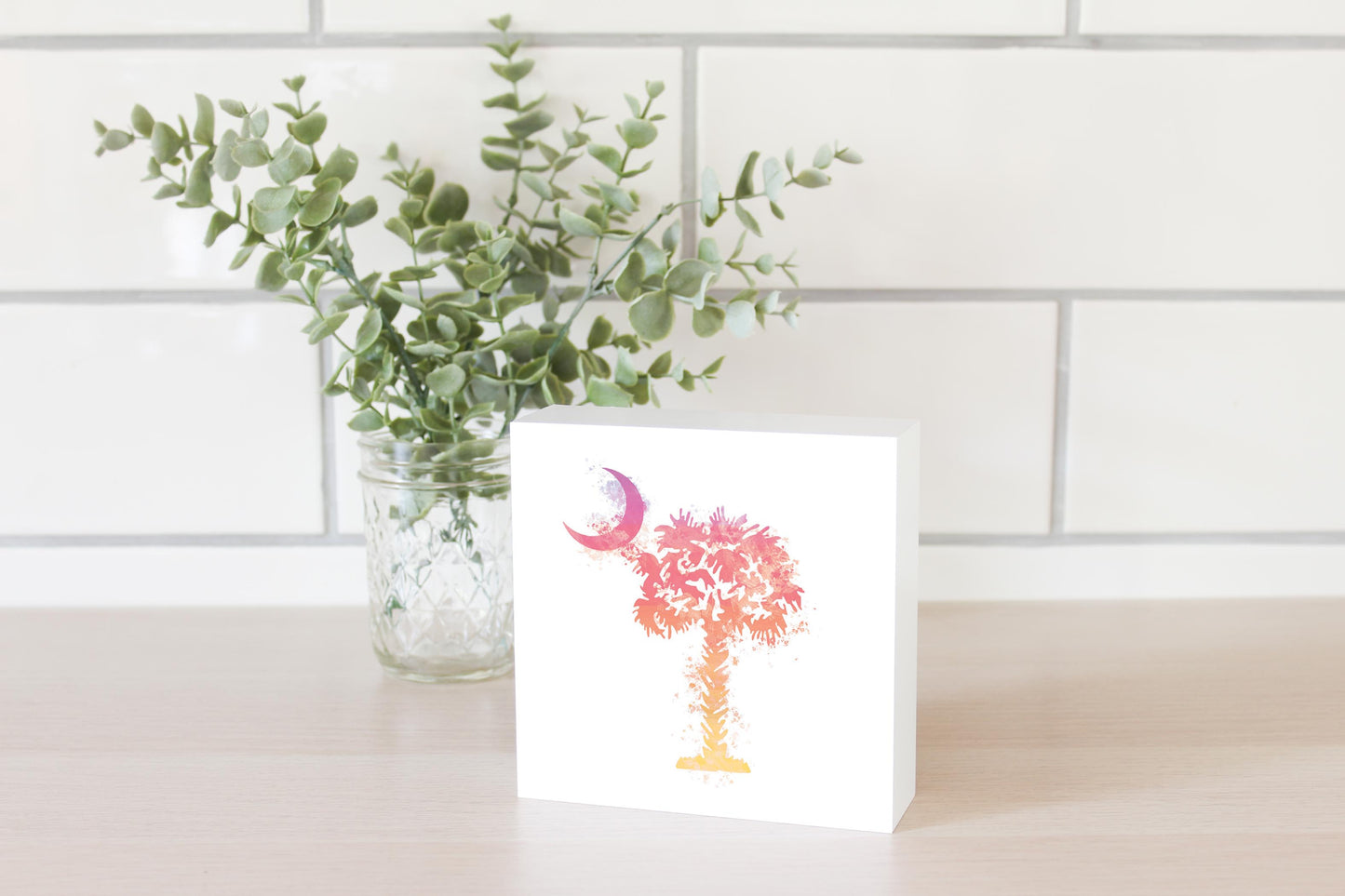 South Carolina Pink Water Color Palm Trees On White | Wood Block | Eaches | Min 4