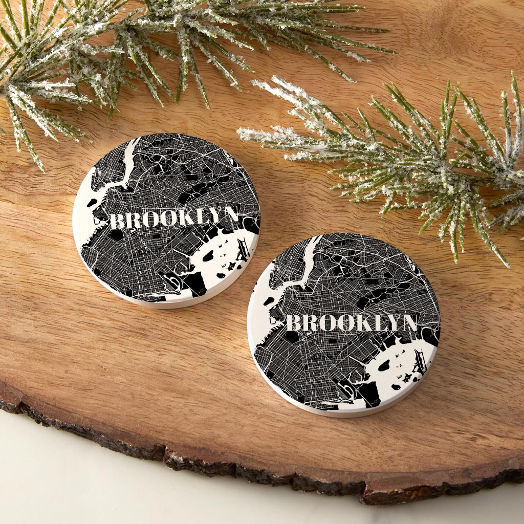 Minimalistic B&W New York Brooklyn Map | Absorbent Car Coasters | Set of 2 | Min 4