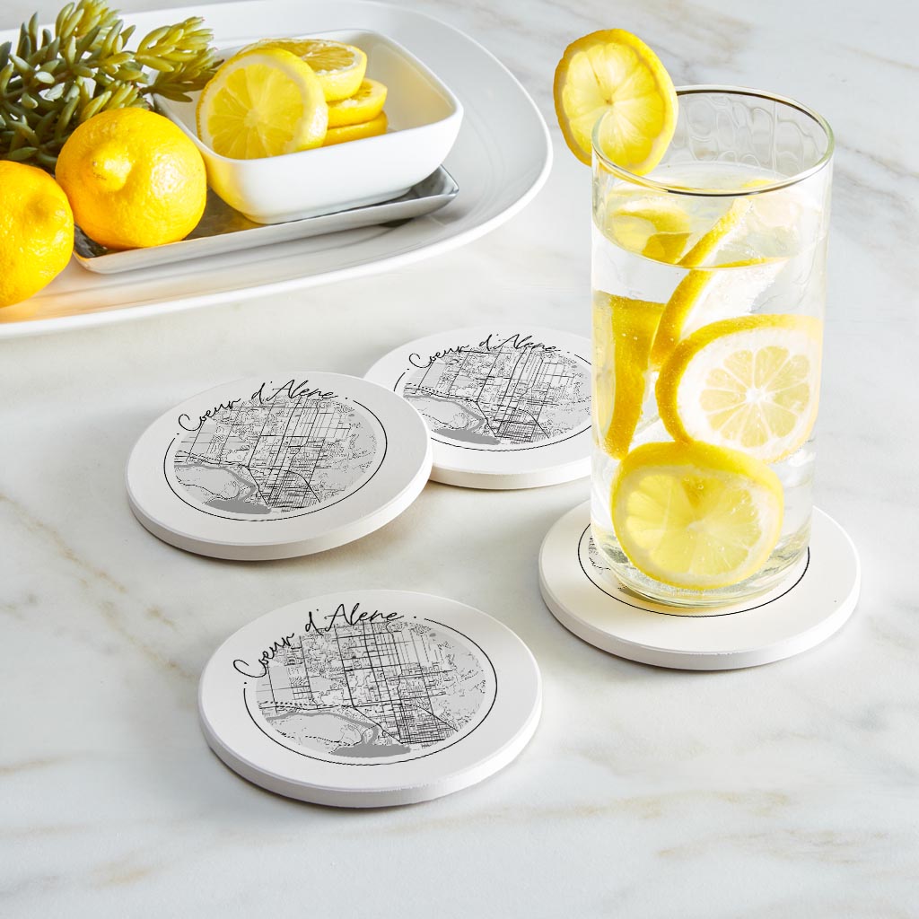 Minimalist B&W Idaho Coeur Dalene Circle Map | Absorbent Coasters | Set of 4 | Min 2
