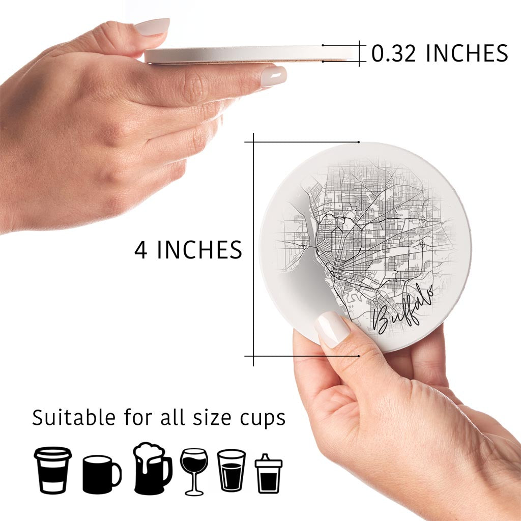 Minimalistic B&W New York Buffalo Faded Circle Map | Absorbent Coasters | Set of 4 | Min 2