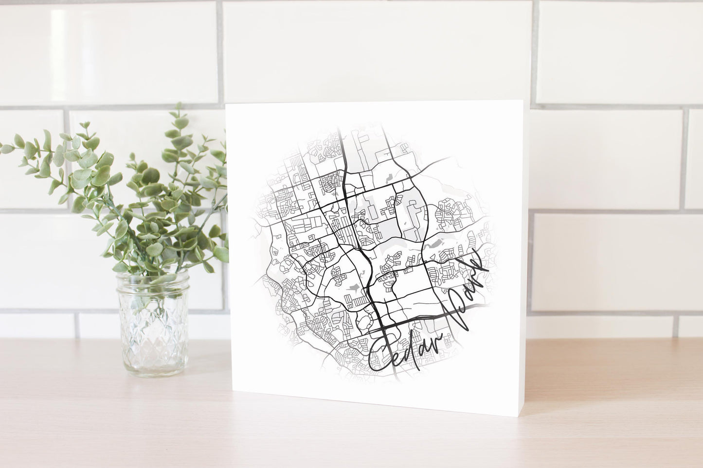Minimalistic B&W Texas Cedar Park Circle Map | Wood Block | Eaches | Min 2