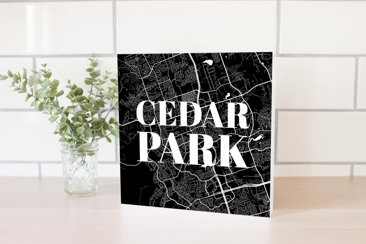 Minimalistic B&W Texas Cedar Park Map | Wood Block | Eaches | Min 2