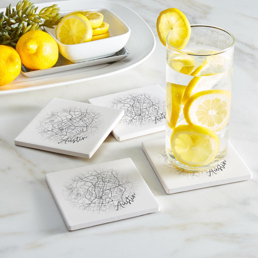 Minimalistic B&W Texas Austin Circle Map| Absorbent Coasters | Set of 4 | Min 2