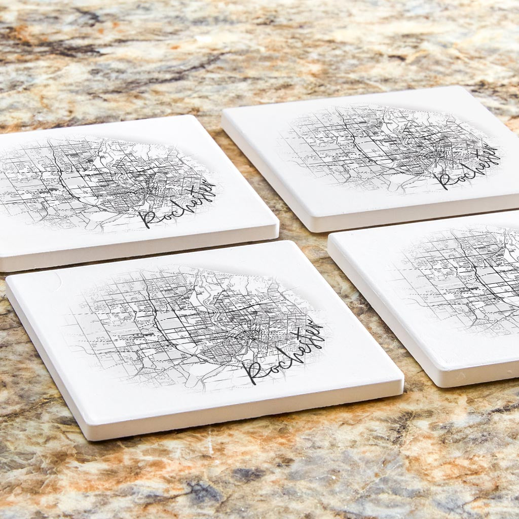 Minimalistic B&W New York Rochester Faded Circle Map | Absorbent Coasters | Set of 4 | Min 2