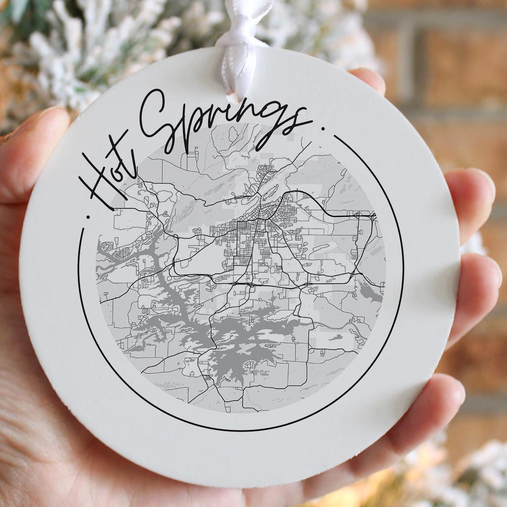 B&W Minimalist Arkansas Hot Springs Circle Map | Wood Ornament | Eaches | Min 6