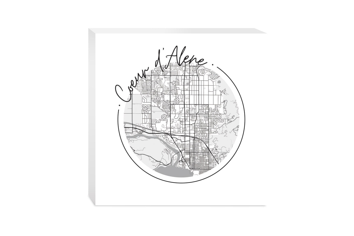 Minimalist B&W Idaho Coeur Dalene Circle Map | Wood Block | Eaches | Min 2