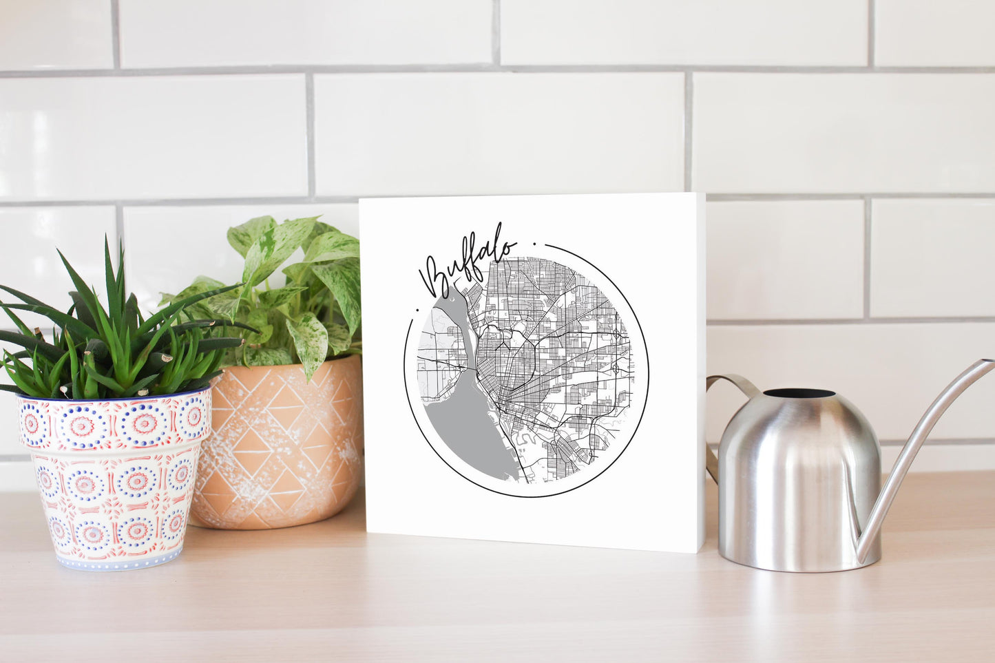 Minimalistic B&W New York Buffalo Circle Map | Wood Block | Eaches | Min 2